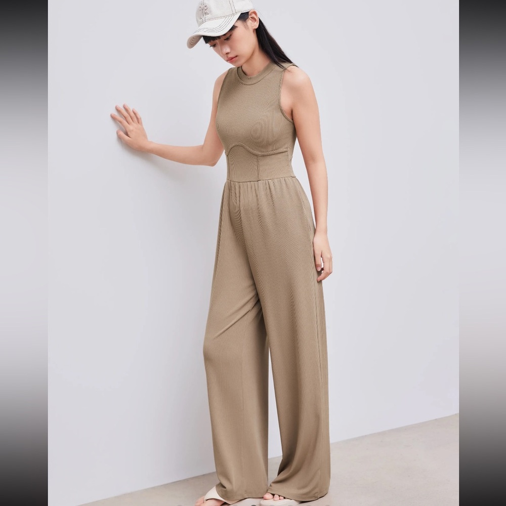 Tan Wide-Leg Jumpsuit with High Neckline